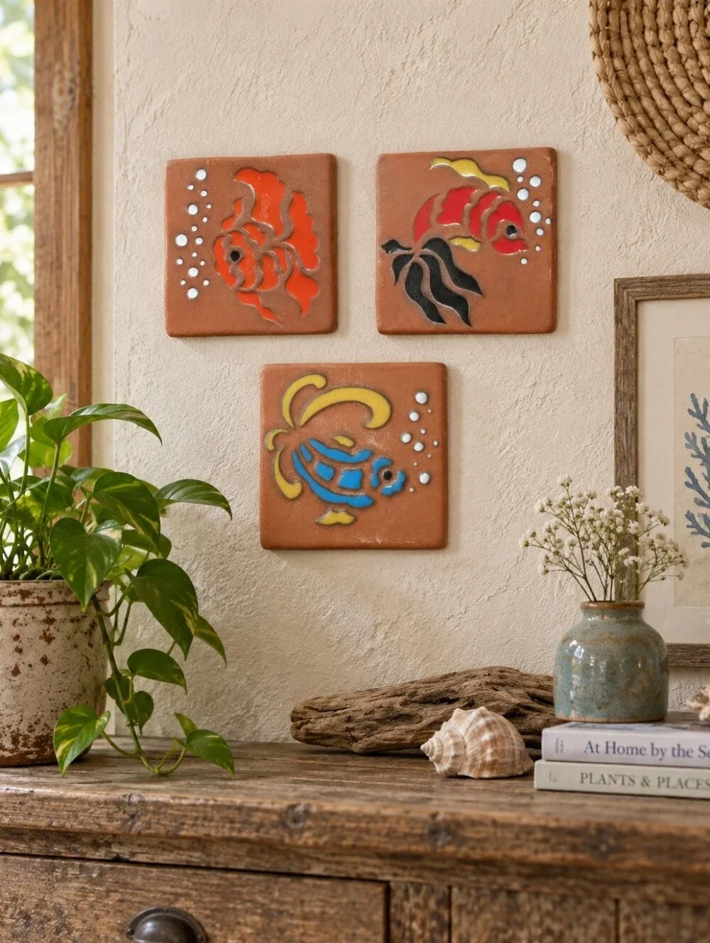 Vintage 1997 Studio Pottery Tropical Fish Wall Tiles Set of 3